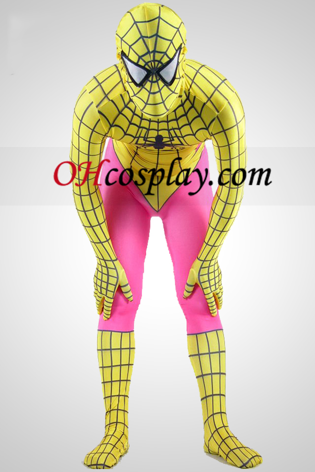 Yellow And Pink Lycra Spandex Spiderman Zentai Suit