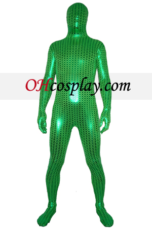 緑デジタル印刷シャイニーメタリック全身タイツスーツ