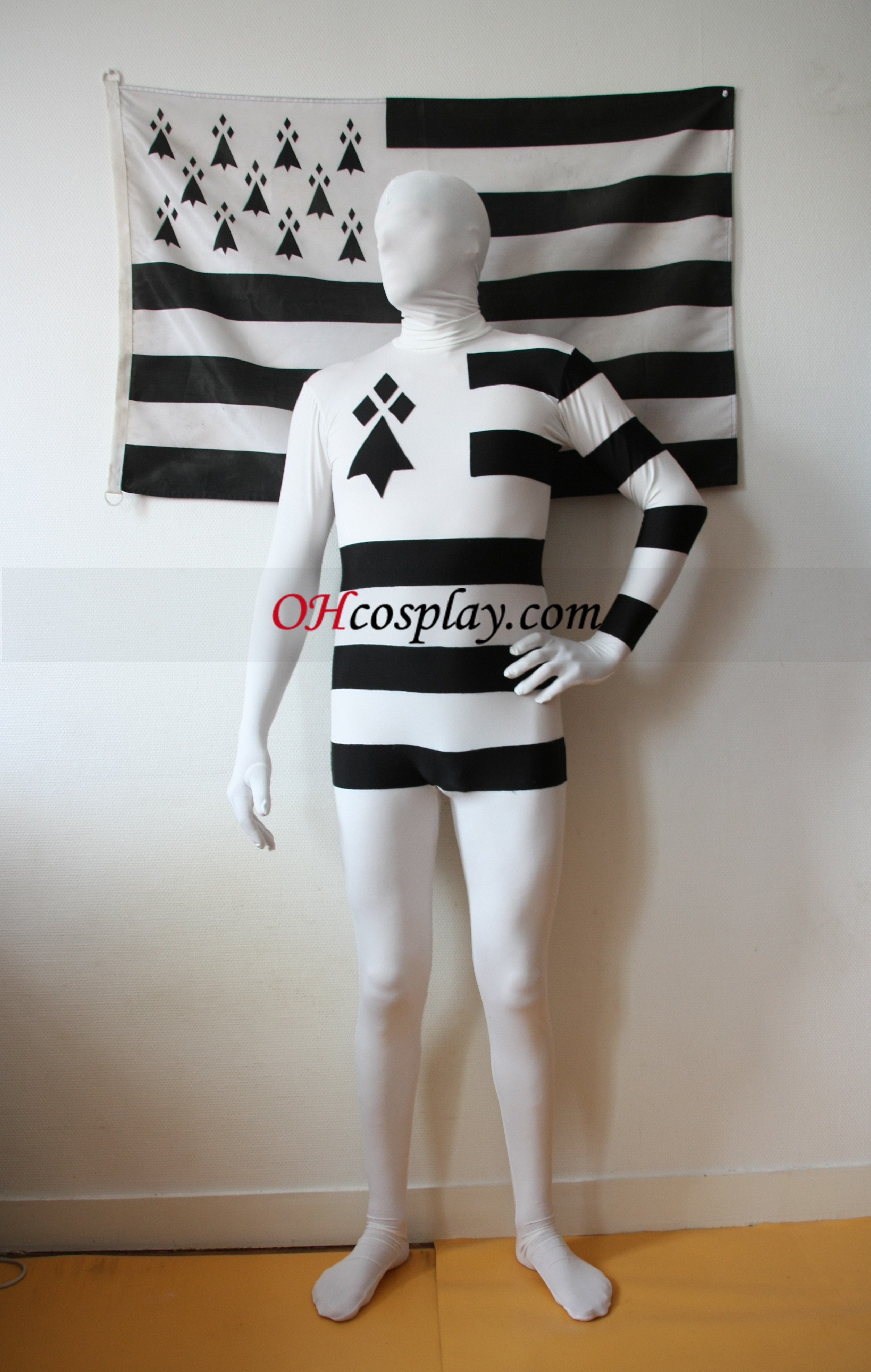 Ranska Bretagne Valkoinen Musta Stripes spandex Zentai Suit