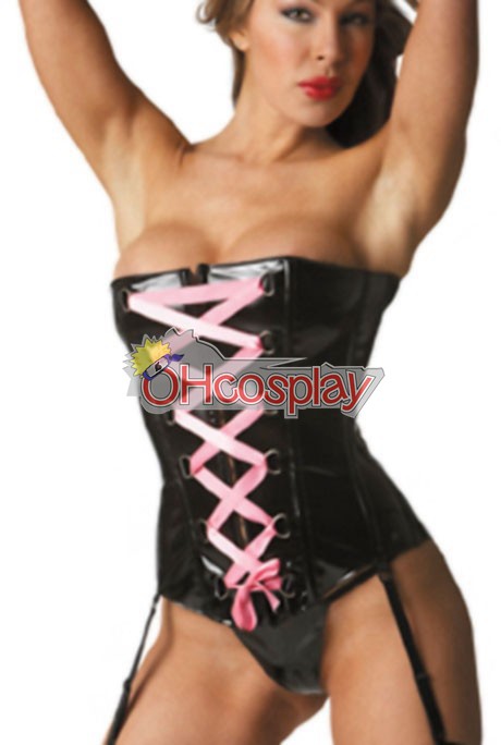 Sexy Black and Pink PVC Boned Bustier Corset